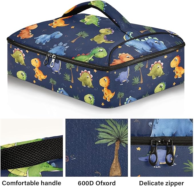 Casserole Carrier Playful Cartoon Dinosaurs PatternInsulated Casserole Carrier for Hot or Cold Food Thermal Lunch Tote for Potluck Parties Picnic Beach Fits 9 x 13 Inches Baking Dish