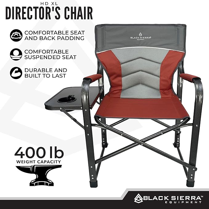 XL Directors Chair with Foldable Side Table Heavy Duty Camp Chair supports 400 Lbs Oversize Outdoor Folding Seat with High Back and Padded Armrests for Lawn Beach Tailgating Sports