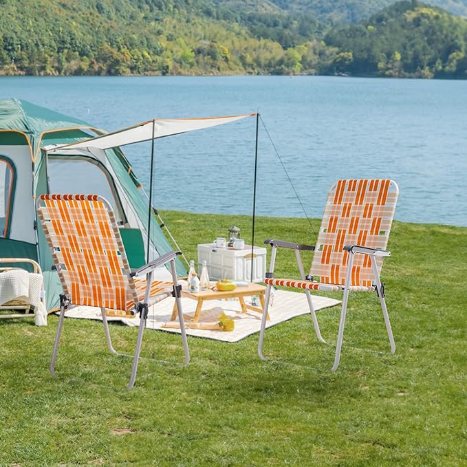 Outvita Webbed Lawn Chairs Set of 2 Foldable Metal Patio Chairs Stable Steel Outdoor Chair for Camping Fishing Beach Poolside Backyard and BBQ
