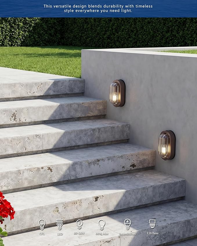FEMILA 8.5 Oval Bulkhead Light Modern Exterior Wall Sconce ORB 2 Pack Outdoor Wall Light &amp Ceiling Flush Mount Ripple Glass IP44 Waterproof Front Porch Light for Patio 4FYX104F-2 ORB SW