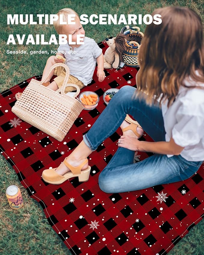 Beach Blanket Waterproof Sandproof Classic Black and Red Buffalo Plaid Quick Drying Beach Mat with 4 Stakes Winter Christmas Snowflakes Lightweight Picnic Blanket for Travel Camping Outdoor 83x79