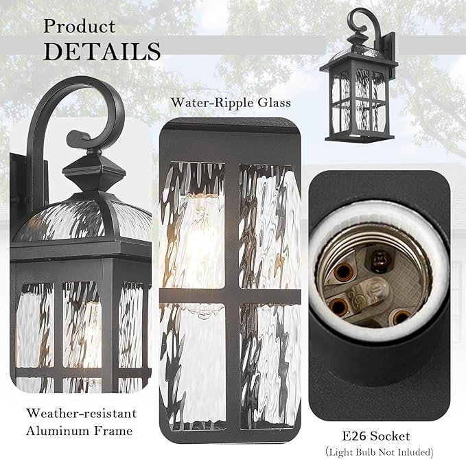 Darkaway 2pcs Large Outdoor Wall Light 22inch Exterior Light Fixture with Water Ripple Glass Aluminum Outside Lights Sconces Exterior Lighting for House Porch Patio Doorway