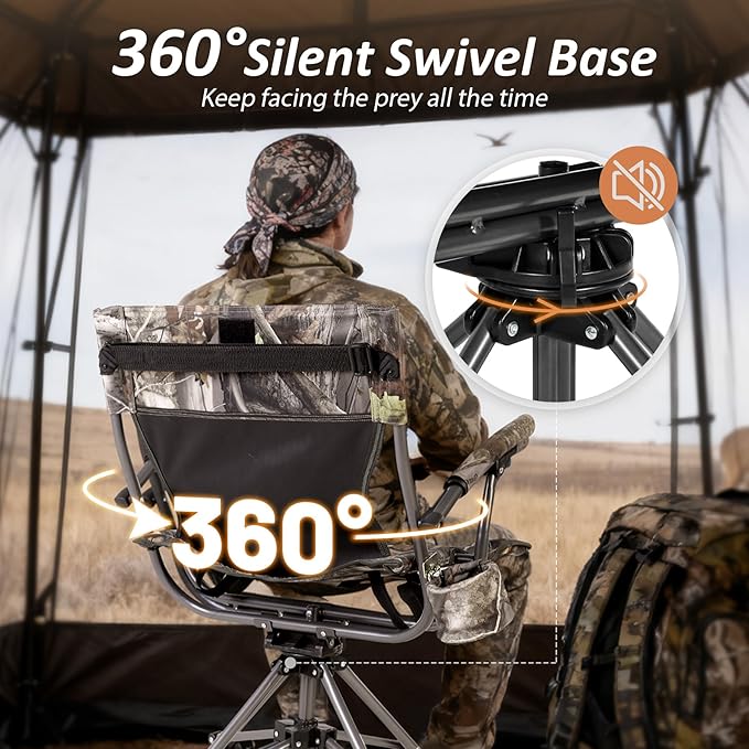 REDCAMP 360° Swivel Hunting Chair with Adjustable Feet for Ground Blinds Portable Folding Camo Camping Chairs for Adults Hunting Seats with Hard Arms for Fishing Camping