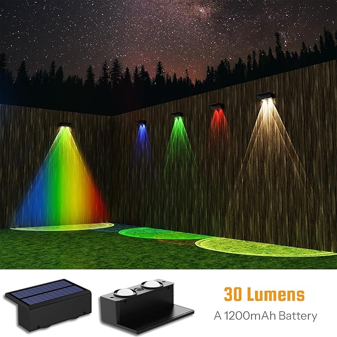 8-Pack Multi-Color Solar Spotlights for Fence &amp Wall - 30 Lumen High Brightness 5 Modes (RGB Color Changing + Warm White) | Easy Mount for Steps Patio Yard - Matte Black