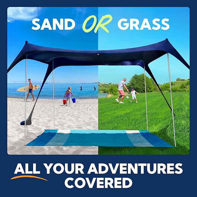 Sun Ninja Beach Tent Sun Shelter UPF50+ - Easy Pop Up Beach Canopy - Outdoor Shade for Camping Trips Fishing Backyard Fun Picnics - Sand Shovel Ground Pegs &amp Stability Poles
