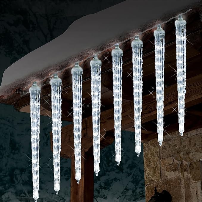 WATERGLIDE 16 Icicles Meteor Shower Lights 12 Outdoor Icicle Christmas Lights 384 SMD LED Crystal Ice Falling Light Connectable Raindrop Iciclelight Xmas Winter Party Tree Holiday Decor White