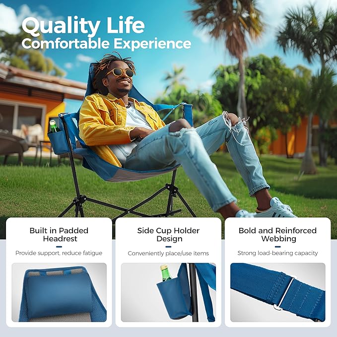 ALPHA CAMP Hammock Folding Rocking Chair with Cup Drink Holder High Back Padded Swinging Chair for OutdoorCamping LawnBackyardPicnic Steel Heavy Duty Portable Oversized(Blue)