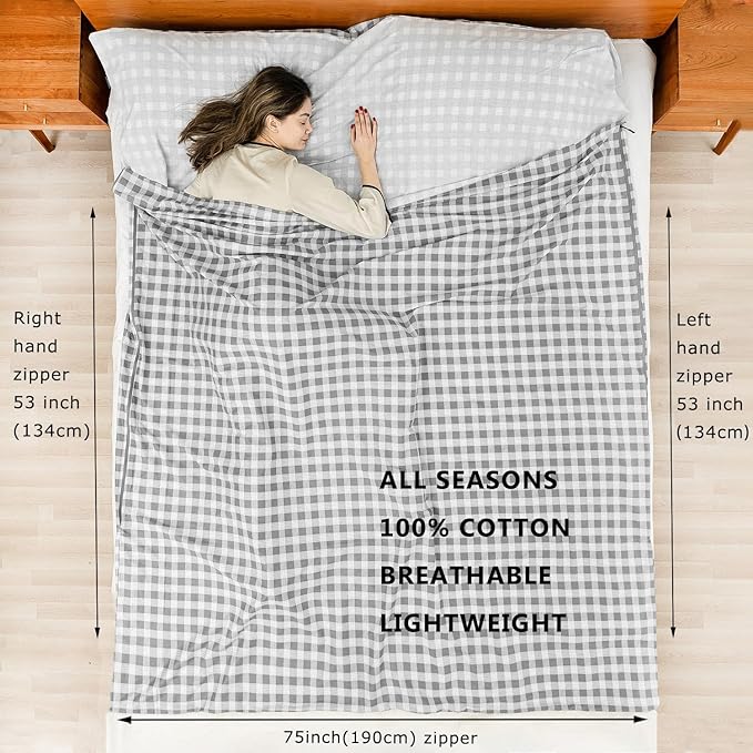 100% Cotton Sleeping Bag Liner with Full Length Zipper on 3 Sides Single/Double Adult Sleep Sack for Travel &amp Camping Multifunctional Travel Sheets (Unzipped 87”x87”) for Hotel Lightweight