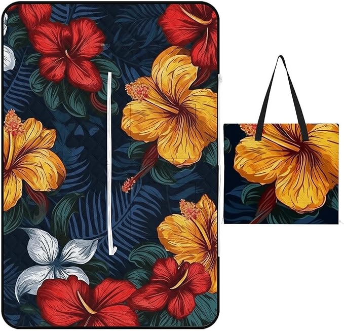 Zipper Realistic Hawaiian Flowers Style Picnic Mat Suitable for Travel Camping Park Or Home Use