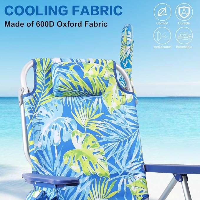 LEMBERI Backpack Beach Chair with Umbrella for Adults1/2 Pack Folding Heavy Duty Camping Chair with Large Pockets and Cup HolderAdjustable high Beach Lounge Chairs with Towel Rack (1 Palm Leaf)