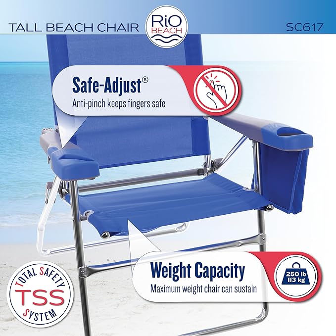 Rio Beach 2-Pack 17 Extended Height 4-Position Folding Beach Chair Blue/White