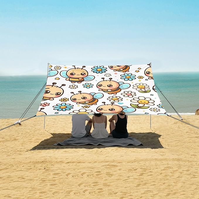 Cute Cartoon Little Bee Camping Sun Shelter Beach Tent Portable Beach Sun Shade Outdoor Canopy for Camping Trips Fishing Picnic