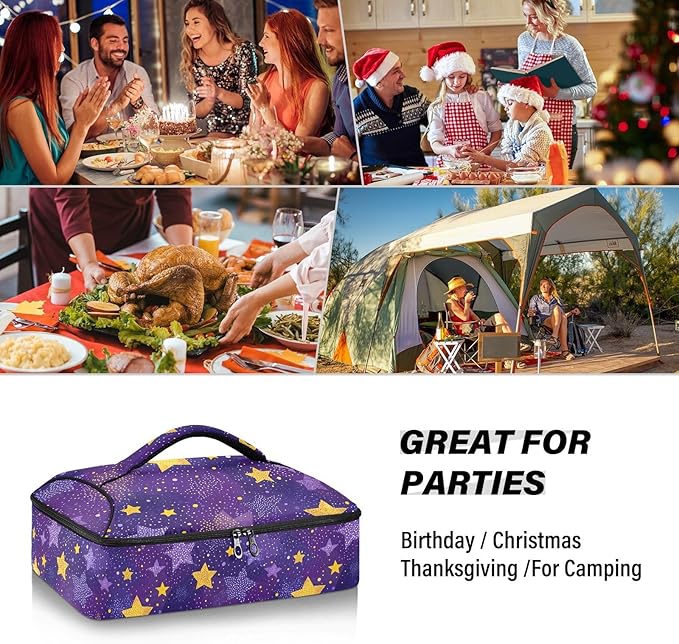 Casserole Carrier Stars Purple and Yellow PrintInsulated Casserole Carrier for Hot or Cold Food Thermal Lunch Tote for Potluck Parties Picnic Beach Fits 9 x 13 Inches Baking Dish