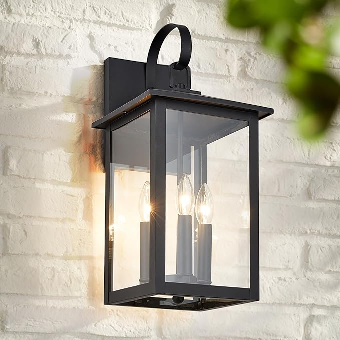 3-Light 9 inches Wide 20.5 inches High Large Wall Lantern Light with Textured Black Finish and Clear Glass New Traditional Outdoor Wall Lights for a Porch Patio Garage Barn Foyer