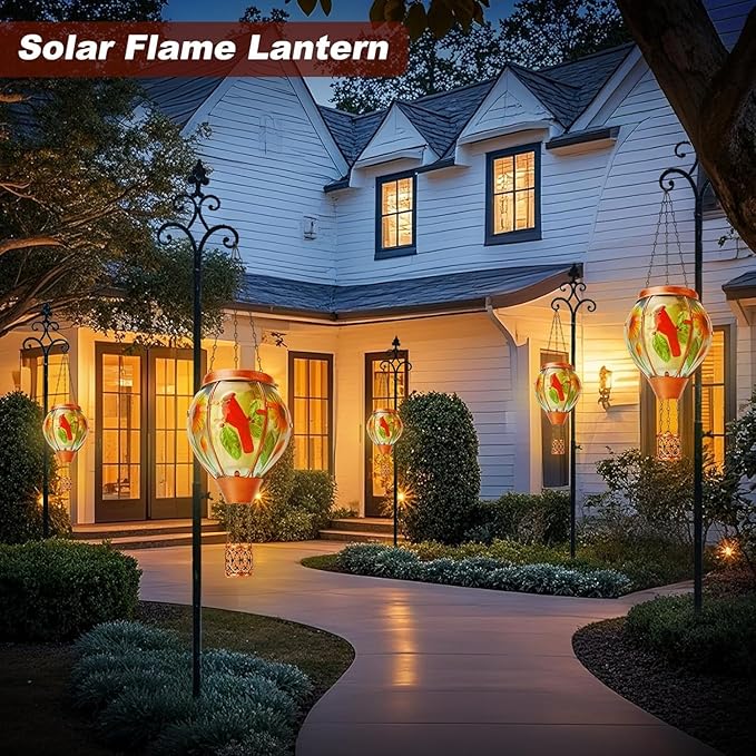 Solar Hot Air Balloon Lantern with Flame Cardinal Glass Solar Hanging Lights Outdoor Yard Patio Farmhouse Decoration Cardinal Gifts for Women Grandma Mom(4 Pack)