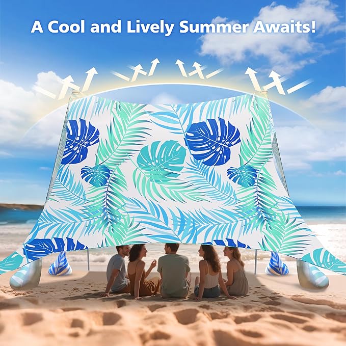 2PM SPORTS Beach Tent Canopy with UPF50+ UV Protection Outdoor Large Beach Sun Shade Shelter for Family Picnic Camping Travel Shore Fishing 8 Sandbags Sand Shovel (Leaf 10x10 FT)
