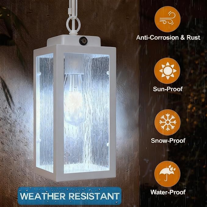 Outdoor Pendant Light Dusk to Dawn 11'' Porch lights Outdoor Chandelier Hanging Ceiling Lights White Aluminum Lightshade with Tempered Glass Exterior Lighting Fixture for Porch Yard Gazebo 1 Pack