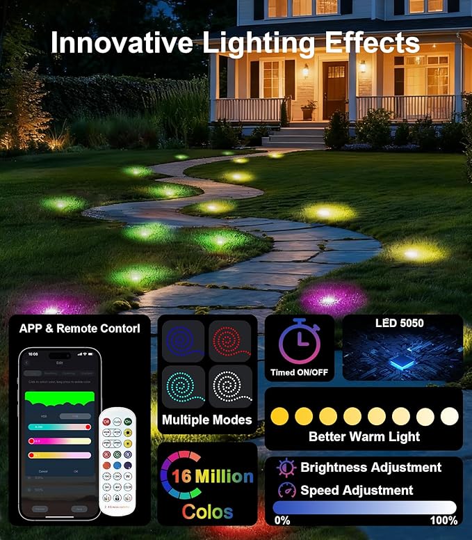 100Ft RGB Ground Lights Outdoor LED Pathway Lights Multi Color Changing Christmas Decor Waterproof Walkway Lighting for Outside Garden Back Yard Lawn Driveway Patio Landscape Lighting Smart Control