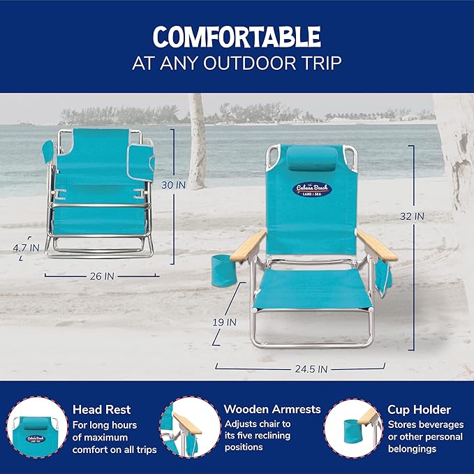 Cabana Beach Folding Beach Chair 5 Position Lightweight Portable Reclining Outdoor Camping Accessories with Headrest Shoulder Strap and Cup Holder Blue
