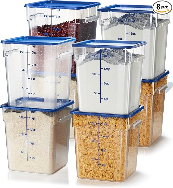 CURTA 8-Pack 18 Qt NSF Clear Polycarbonate Food Storage Containers with Blue Lids - Square Commercial-Grade Freezer &amp Dishwasher Safe Stackable