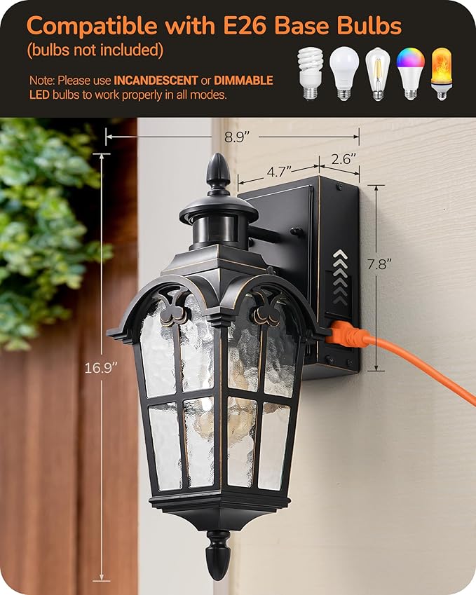 EDISHINE Motion Sensor Outdoor Lights Porch Light with GFCI Outlet Exterior Lighting Fixtures Dusk to Dawn Outside Wall Sconce with Water Ripple Glass Wall Mount Lantern Lamp for House Garage