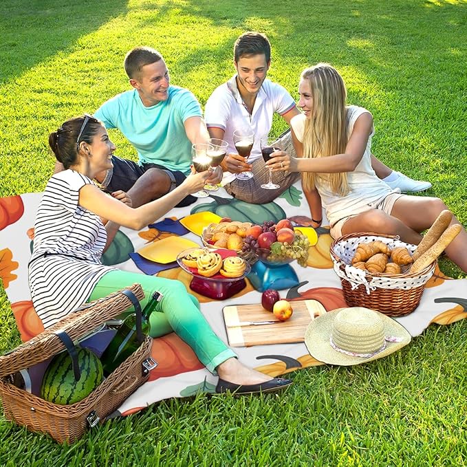 Waterproof Sandproof Beach Blanket 59''×68'' Watercolor Pumpkin Polyester Outdoor Picnic Blanket with 4 Stakes &amp Storage Bag for BeachCampingVacation White