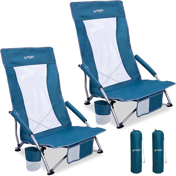 Low Beach Chairs for Adults 2 Pack High BackFolding Portable Sling Beach Camping Chair with Cup HolderLightweight Foldable Camp Lawn Chair for Outdoor Sand Concert Travel Sport Events