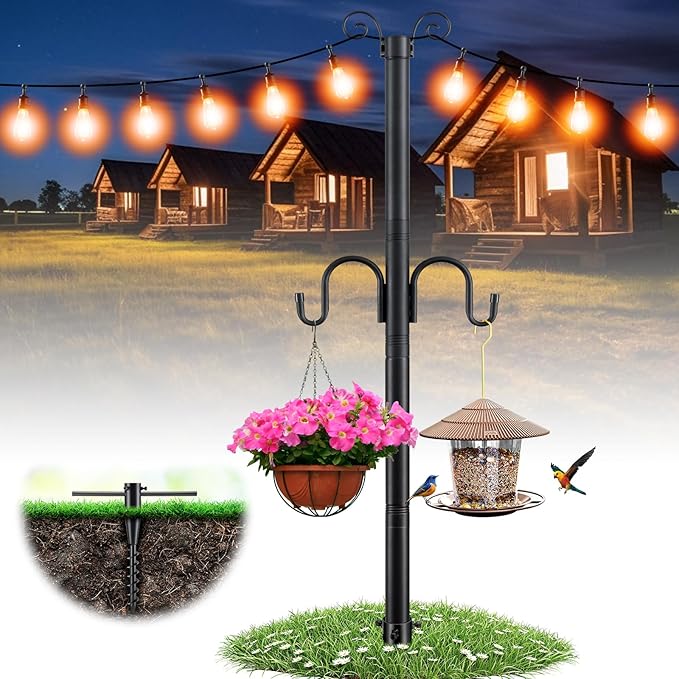 10FT String Light Poles 1.5 Inch Heavy Duty Poles for Outdoor String Lights with Shepherd Hook 2 in 1 Light Pole with Anchor for Garden Backyard Patio Bistro Cafe