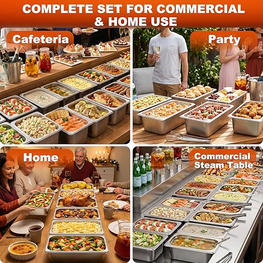 6 Pack 1/3 Size Stainless Steel Hotel Pans with Lids 6 Inch Deep Steam Table Pans Anti-Jam Metal Hotel Pans with Clip for Restaurant Home Catering Food Storage