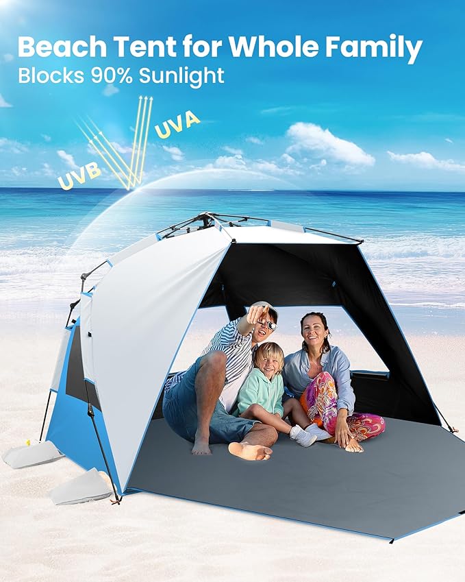 OutdoorMaster Beach Tent with Blackout Shelter Technology Portable Sun Shade Shelter 4 Person Pop Up Beach Tents with UPF 50+ UV Protection 9.5mm Thick Pole 3 Ventilating Mesh Windows