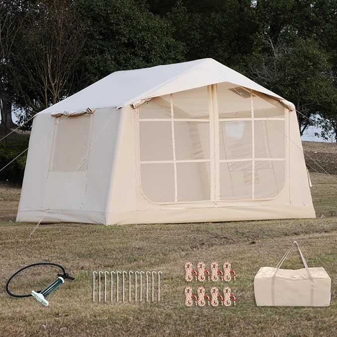 Inflatable Camping Tent with Hand Pump Waterproof Outdoor Blow up Tent 2-8 Person Oxford 4 Season Glamping Air Tent Cabin House with Mesh Windows &amp Door