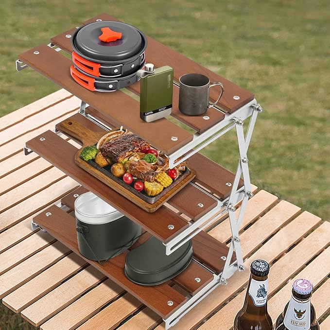 Camping Rack 3-Tier Camping Folding Storage Rack Organizer with Carry Bag Retro Rectangular Camping Dish Rack Shelf for Barbecues Camping Hiking Parties Walnut Load 10kg/22.05lbs