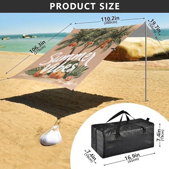 Bolaz Beach Canopy Tent Sun Shade9'×10.5' Large Family Beach Shade UPF50+- Outdoor Shade for Camping Trips FishingWatercolor Beach Summer Vibes