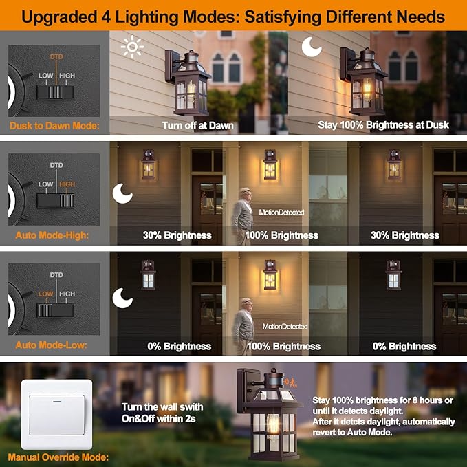 Bronze Outdoor Wall Lights with Motion Sensor ETL Exterior Light Fixtures Waterproof 2 Pack Anti-Rust Aluminum Porch Lights Dusk to Dawn Outdoor Lights Brown Lantern Sconces for House