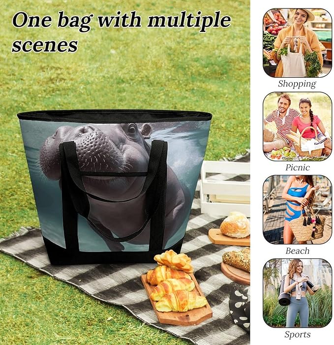 Insulated Shopping BagLarge Reusable Cooler Bags Diving Hippo Printed Foldable Shopping BagTravel Waterproof Shoulder Bag