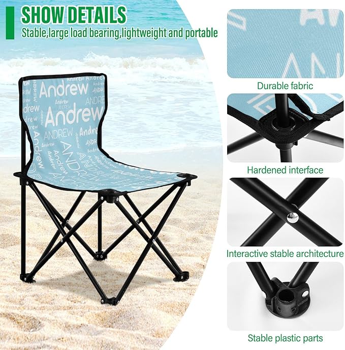 Sinestour Pale Blue Custom Folding Camping Chair for Teen Child Personalized Name 14.6×14.6in Portable Outdoor Chair with Carry Bag for Picnic Barbeques Beach