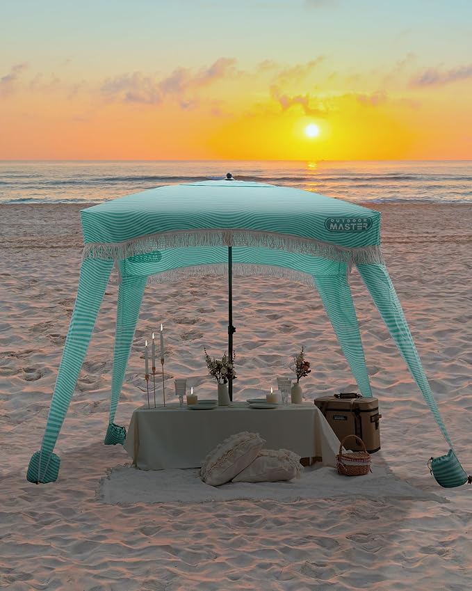 OutdoorMaster Beach Cabana with Fringes Portable 6' x 6' Beach Canopy for Sand Easy Set Up Beach Shelter Included Side Wall UPF 50+ UV Protection Sun Umbrella - for Family &amp Friends
