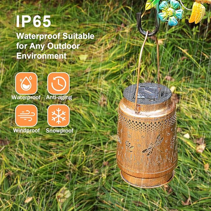 2 Pack Solar Lanterns Outdoor Waterproof Dragonfly Garden Decor Gifts for Women Mom Grandma Birthday Hanging Solar Lights Metal LED Decoration with Shepherd Hook Outside for Yard Patio Lawn Porch