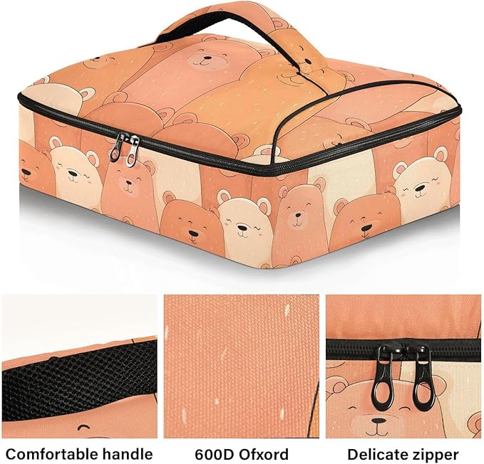Casserole Carrier Pattern Cute Cartoon BearsInsulated Casserole Carrier for Hot or Cold Food Thermal Lunch Tote for Potluck Parties Picnic Beach Fits 9 x 13 Inches Baking Dish