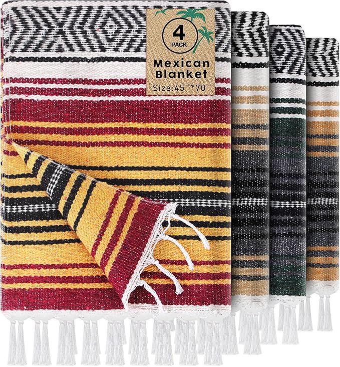 Oudain 4 Pack Mexican Blankets 45 x 70 Inch Cotton Woven Serape Throw Blanket Baja Yoga Blanket for Beach Picnic Camping Boho Couch Decor Travel Outdoor (Fall Color)