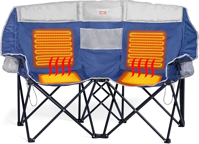 SUNNYFEEL Heated Double Camping Chair Outdoor Portable Loveseat Chair Heavy Duty Folding Lawn Chairs with Storage for Beach/Tailgate/Travel/Picnic Foldable Duo Camp Chairs for Adults 2 People