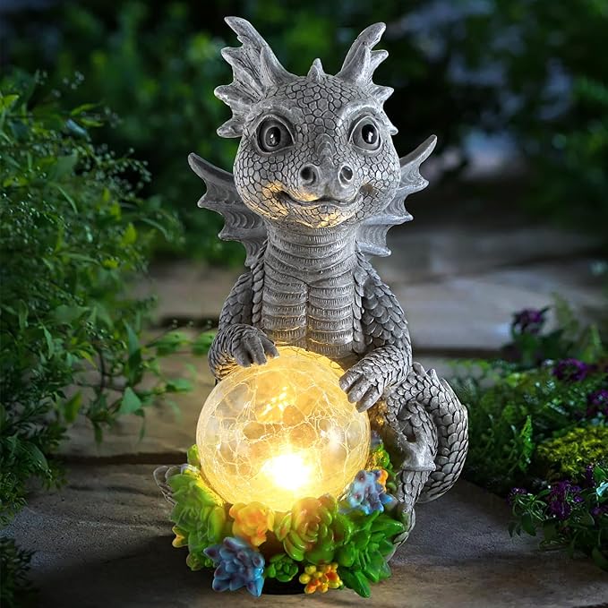Solar Garden Outdoor Statues Dragon Holding Magic Orb with Solar LED Lights - Lawn Decor Outdoor Statue for Patio Balcony Yard OrnamentUnique Gifts for Mom Grandma