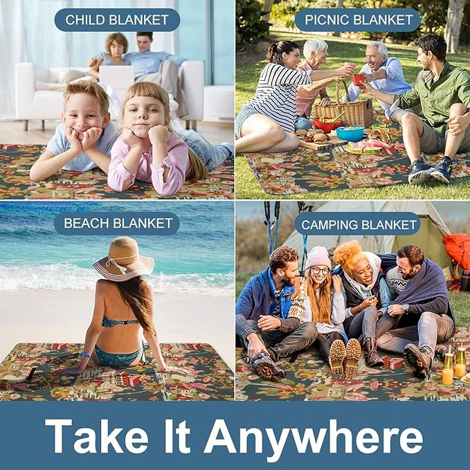 Chinese Style Powder Chinoiserie Blue and White Waterproof Outdoor Picnic Blanket Sandproof Beach Mat for Camping Hiking Grass Travelling