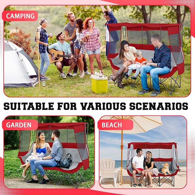 3 Person Camping Chair with Canopy Shade 700lbs Heavy Duty Oversized Beach Camping Chair with Thick Cushion Cup Holder and Carry Bag Foldable Portable Sofa for Lawn Beach Outdoor(Dark Red)
