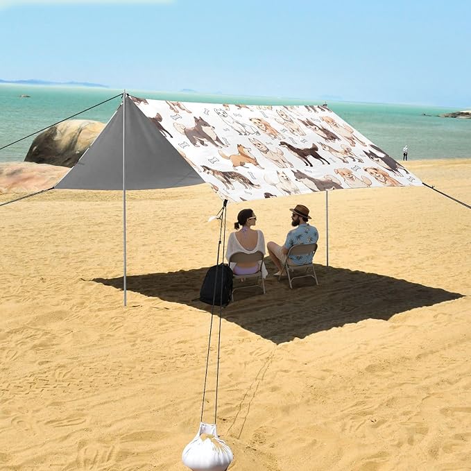 ALAZA Doodle Dog Print Cute Puppies Beach Tent Sun Shelter UPF50+ Protection Beach Shade Canopy w/ 4 Sandbags for Outdoor Camping Fishing Backyard Fun Picnic 10x9 ft