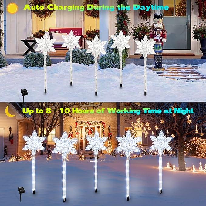 Snowflake Solar Christmas Pathway Lights Set of 5 LED Outdoor Stake Lights Waterproof Christmas Decorations for Garden Yard Lawn Walkway Patio Decor (5pcs Cold White)
