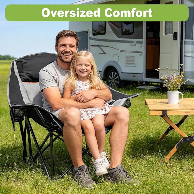 Slendor Oversized Camping Chairs - Heavy Duty Padded Outdoor Folding Camp Chair with Cup Holder and Carry Bag for Outside Sports Beach Fishing Lawn Portable Supports 500lbs Black Gray