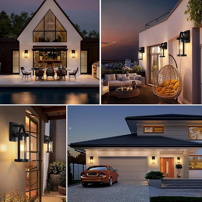 Brightever Outdoor Wall Light Fixtures Waterproof Matte Black Exterior Wall Lantern Sconce Porch Lights Outside Lighting with Clear Ribbed Glass for House Garage Front Door 2-Pack