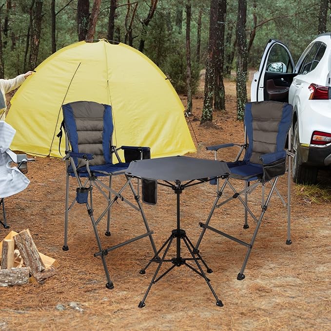 Extra Tall Folding Chairs &amp Adjustable Height Folding Table Set Portable Outdoor Bar Table &amp Foldable Director Chairs with High Back and Storage Bag for BackyardBeachTravel