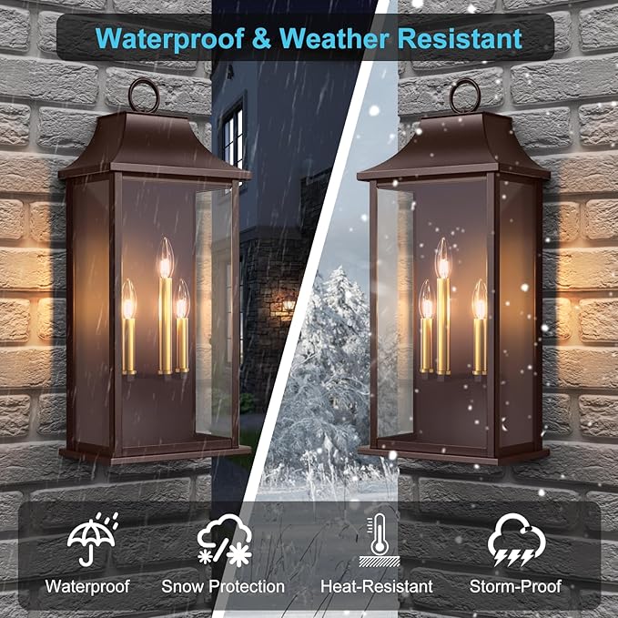 Dusk to Dawn Outdoor Wall Light 3-Light 25.3 Large Outdoor Light Fixture Oil Rubbed Bronze Exterior Wall Lantern Waterproof Outside Wall Sconce for House Porch Patio